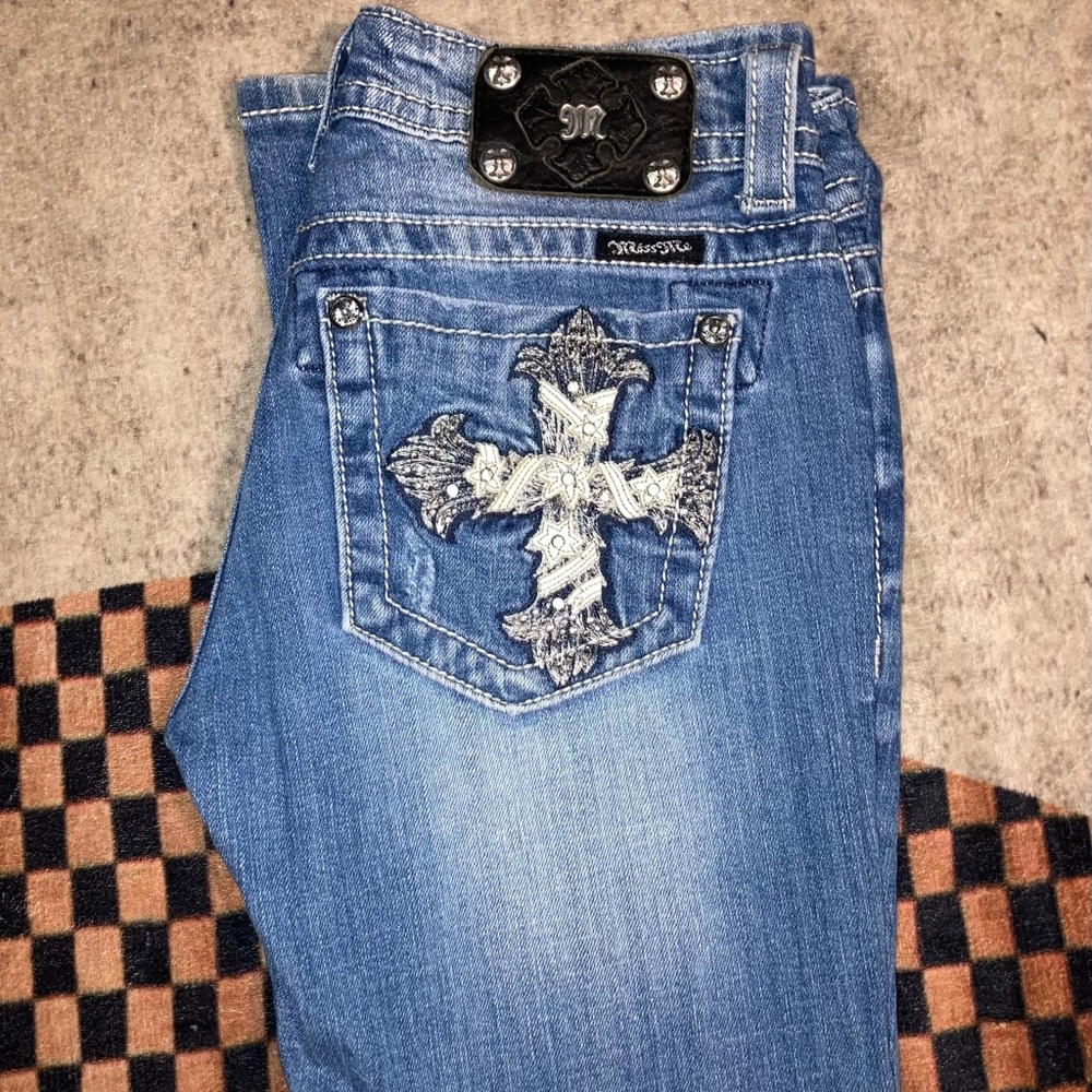 Miss Me Size 28 Medium Wash Leather Cross Bootcut Jeans